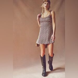 NWT Free People Kai Geo Print Retro Tie Strap Mini Dress in Coffee Combo size L